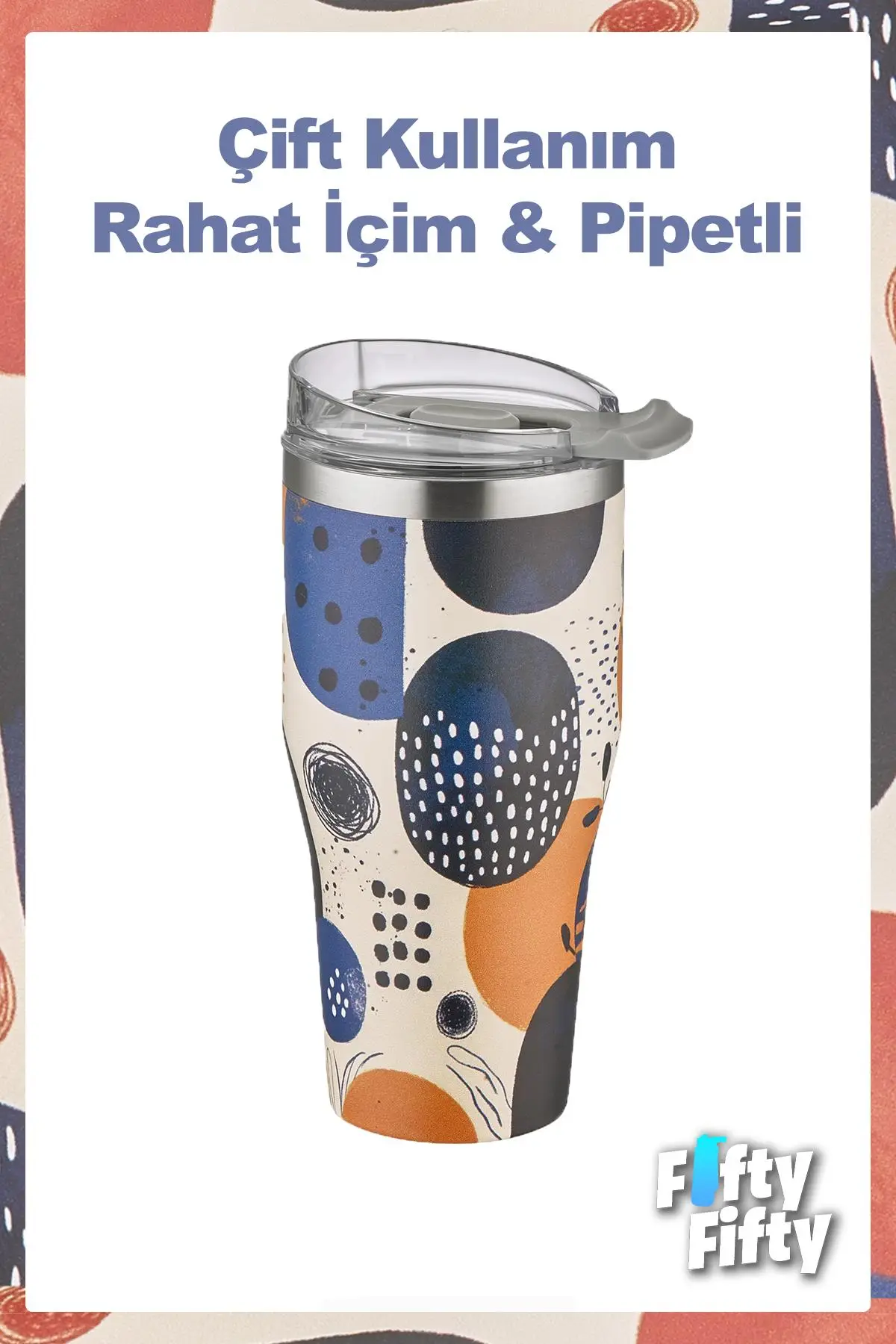 Vagonlife Tumbler Özel Desenli Cup 590 ML Vakumlu Paslanmaz Çelik Termos Pipetli/Rahat İçim -FFVGN1001-590ML