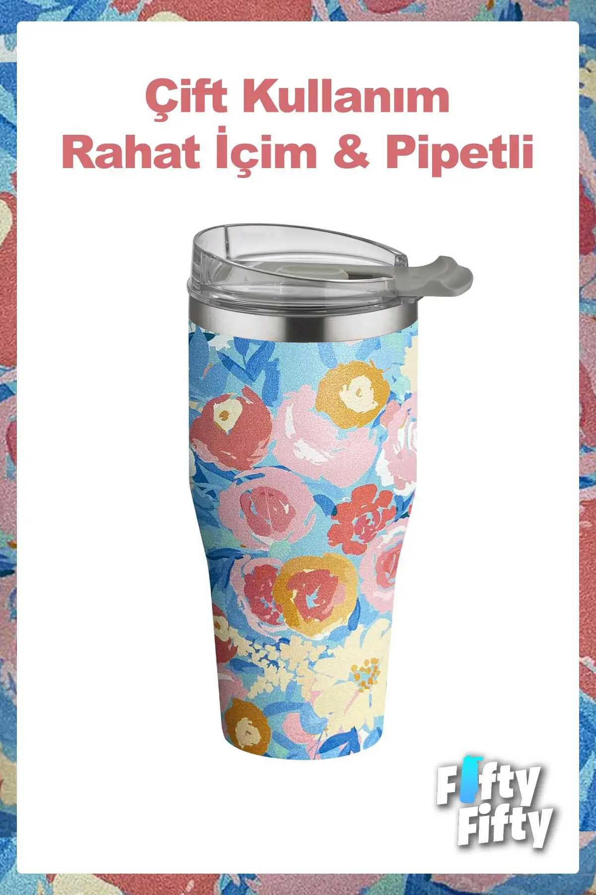 Vagonlife Tumbler Özel Desenli Cup 590 ML Vakumlu Paslanmaz Çelik Termos Pipetli/Rahat İçim -FFVGN1001-590ML