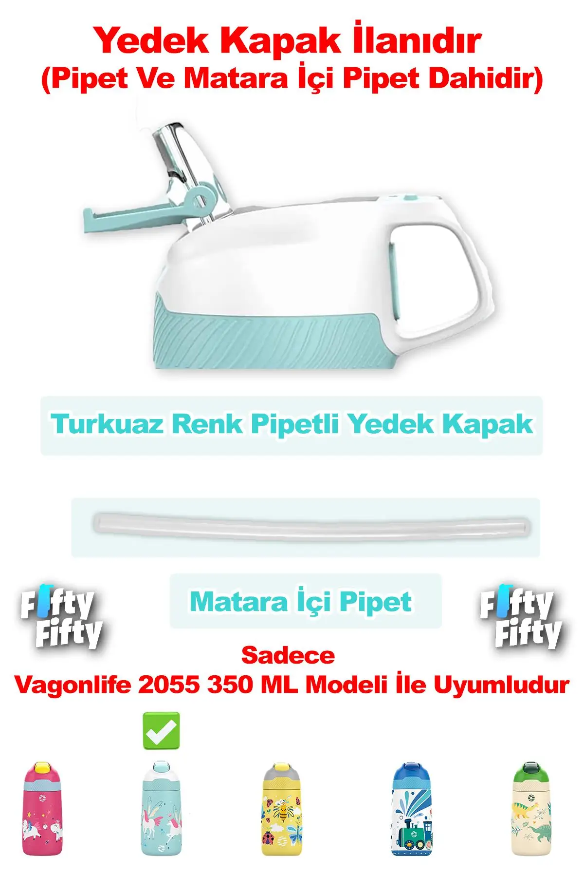 Vagonlife Pipetli Yedek Kapak + Matara İçi Pipet (Sadece 2055 350 ML Çocuk Termosu İle Uyumludur)